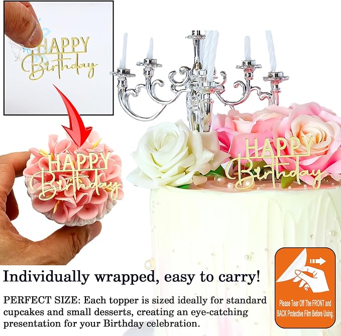 Happy Birthday Cake Topper, Gold Mirror Acrylic, 12 Pieces, Cupcake Party Decorations