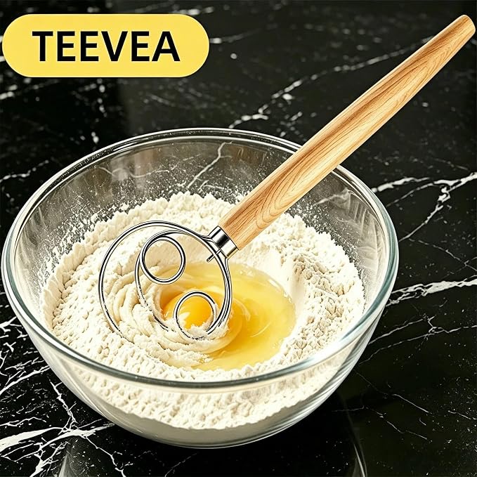 TEEVEA Danish Dough Whisk Stainless Steel Wooden Handle for Sourdough Bread | 4-Loop Anti-Clog Head Stops Lumps, Non-slip Grip Cuts Stirring Fatigue, Compact Build for Storage & Hand Wash Only