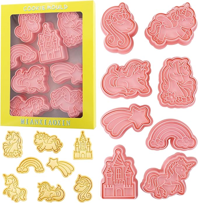 Unicorn Cookie Cutters with Cookie Stamps 8 Pcs Rainbow Castle Cookie Molds for Girls Birthday Party (Unicorn B)