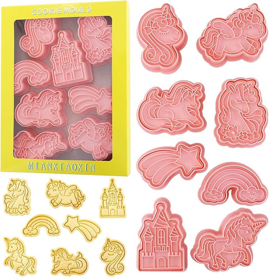 Unicorn Cookie Cutters with Cookie Stamps 8 Pcs Rainbow Castle Cookie Molds for Girls Birthday Party (Unicorn B)