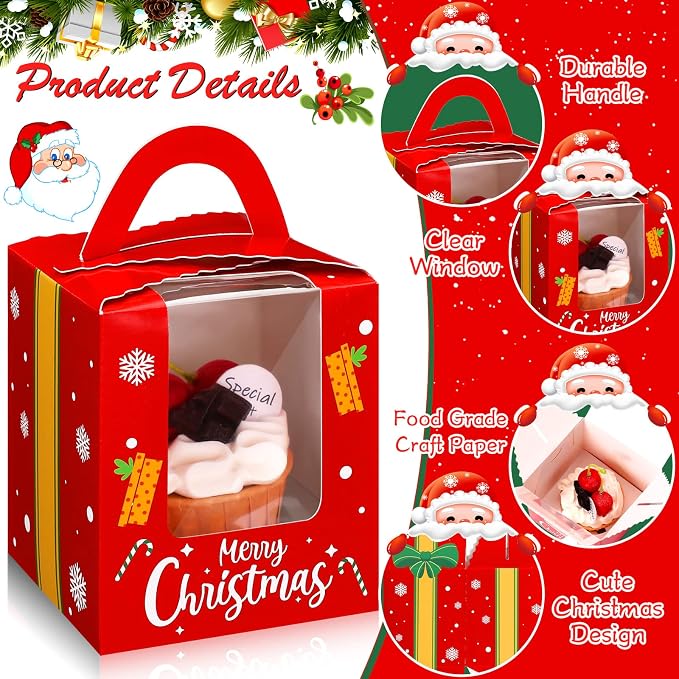 TaoBary 24 Pcs Christmas Cupcake Boxes Xmas Individual Cupcake Box Christmas Cookie Boxes with Window Insert Handle Muffin Pastry Holder Bakery Treat Box for X-mas Party(Snowflake)