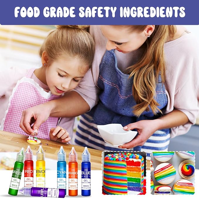 Gel Food Coloring - Rainbow Edible Gel Food Color Dye for Baking, Cake Decorating, Royal Icing, Cookie, Fondant, Macaron - 7 x 15g Food Grade Concentrated Food Coloring for Drinks, DIY Crafts