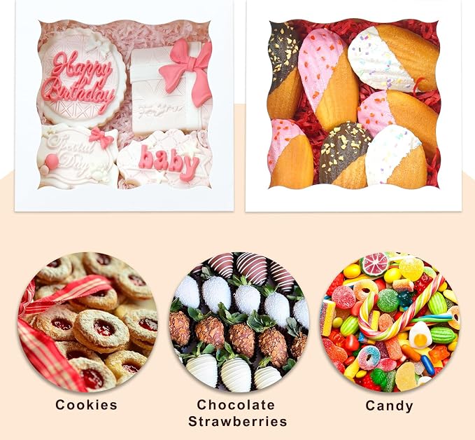 XINHPKGG 50 Pack Cookie Boxes 6x6x3 Inch Bakery Boxes with Window Treat Box Dessert Box for Macaron Mini Cake Chocolate Covered Strawberries Pastry - White