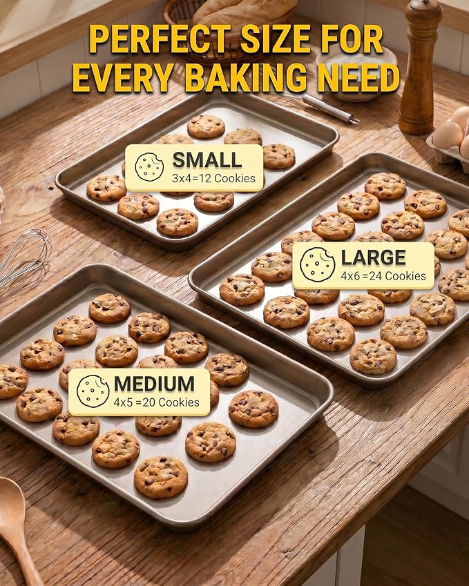 Heavy-Duty Nonstick Baking Sheet, 0.8mm Thick Warp-Resistant Cookie Sheets, Carbon Steel, 3 Pack Half Sheet Pan for Cookies and Pizza (Champagne Gold)