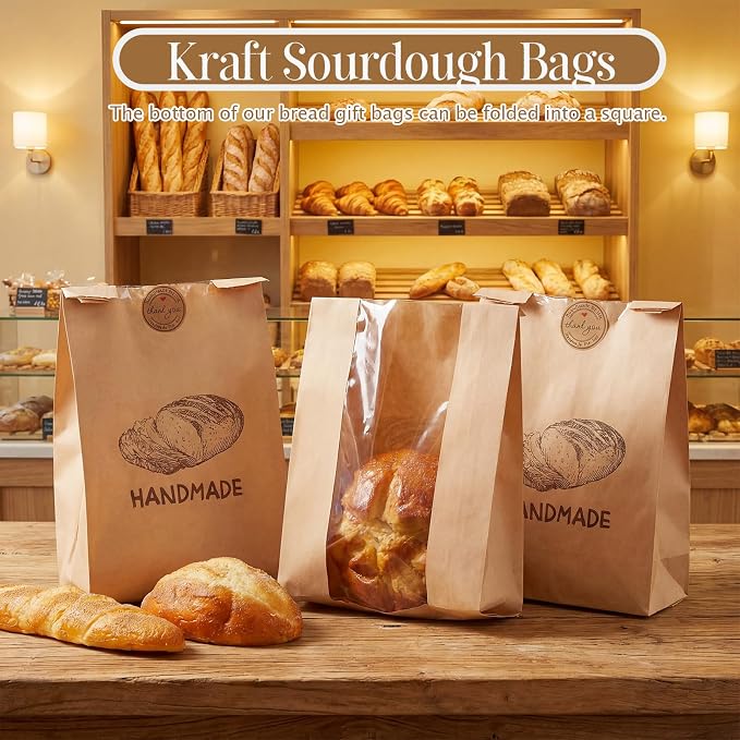 Feifeiya 100 Pack Kraft Paper Bread Bags for Homemade Sourdough Bread with Window & Stickers, 13.7x8.3" Large Bakery Bags for Loaves Greaseproof Food Packaging for Baking Gifts, Brown(Novel Style)