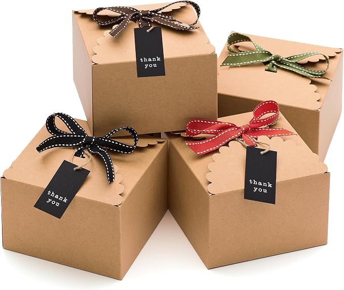 Brown Kraft Cookie Boxes with Ribbons & Tags (20 Pack) 5.8” x 3.7” Small Craft Gift Boxes for Baked Goods, Candy, Treats, Chocolate, Fudge, Christmas, Decorative Food Packaging, Empty, Bulk, Square