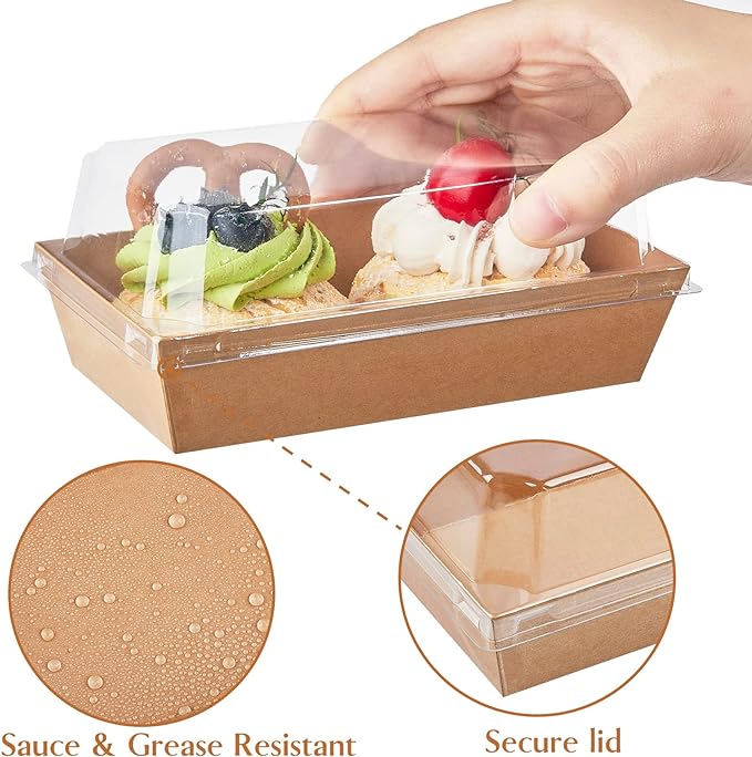 Ocmoiy Small Charcuterie Boxes with Clear Lids, 6x3 Inches, 50 Pack, Brown | To Go Paper Sandwich Containers, Disposable Bakery Treat Boxes, For 2 Cupcakes, Dessert, Muffin, Hot Cocoa Bomb, Strawberries