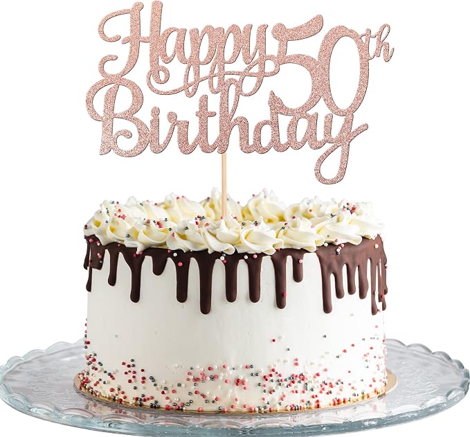 1 PCS Happy 50th Birthday Cake Topper Glitter Cheers to 50 Years Birthday Cake Pick 50 Fabulous Cake Decoration for Happy 50th Birthday Anniversary Party Decorations Supplies Rose Gold