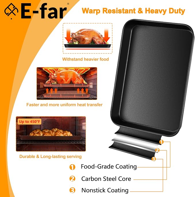 E-far Toaster Oven Baking Sheet with Rack Set, 10.5 x 8 x 1 Inch Cookie Sheet Baking Pans with Cooling Racks, Warp Resistant & Heavy-Duty, Nonstick & Easy Clean (2 Pans + 2 Racks)