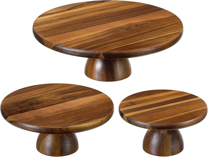 HBlife 3 PCS Acacia Wood Cake Stand Set (8"/10"/12" Plate), 2-in-1 Cake Holder and Charcuterie Board with Built-in Dip Bowl, Dessert Table Display Set, Decorative Tray for Home Decor