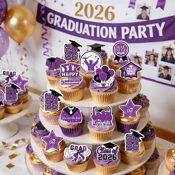 48pcs Edible 2026 Graduation Cupcake Toppers Wafer Paper Purple Class of 2026 Cake Decorations Edible Congrats Grad Cupcake Picks for 2026 Graduation Theme Party Cake Supplies