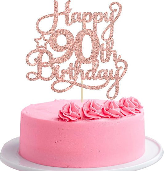 1 Pack Happy 90th Birthday Cake Topper Rose Gold Glitter 90 & Fabulous Cheers to 90 Years Old Birthday Cake Pick for Celebrating 90th Birthday Anniversary Party Cake Decorations Supplies