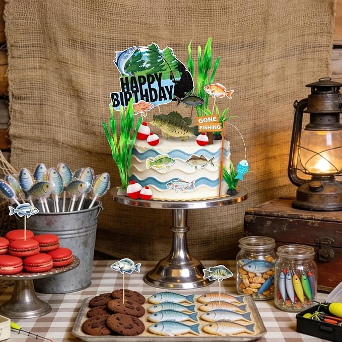 Fishing Cake Topper 22PCS Gone Fishing Cake Toppers for Men Fish Cake Decorations with Bass Reed for Retirement Party Supplies Fish Birthday Party Decorations