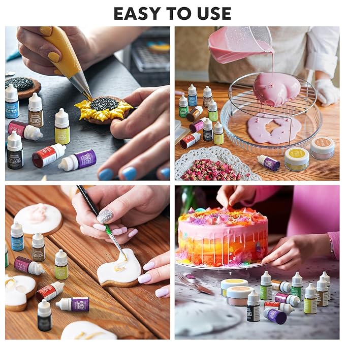 Luster Dust 2 Color & Food Dye Coloring 10 Color Set, Edible Food Coloring Liquid and Shimmer Cake Dust Metallic Food Coloring Powder Glitter for Cake Decorating Baking Fondant Gumpaste Drinks Cookie