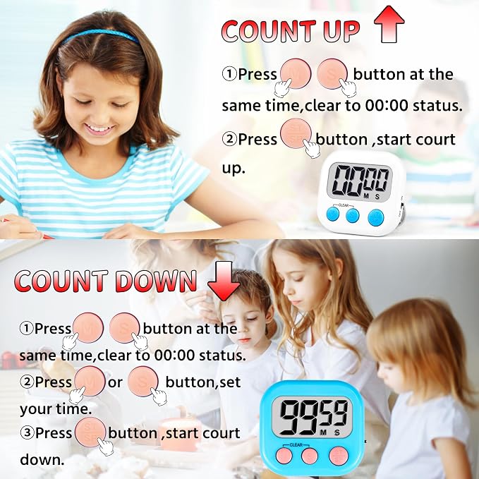 Timer for Kids Teachers Digital Kitchen Timers for Cooking Large Magnetic Classroom Timer 4Pack-Blue White