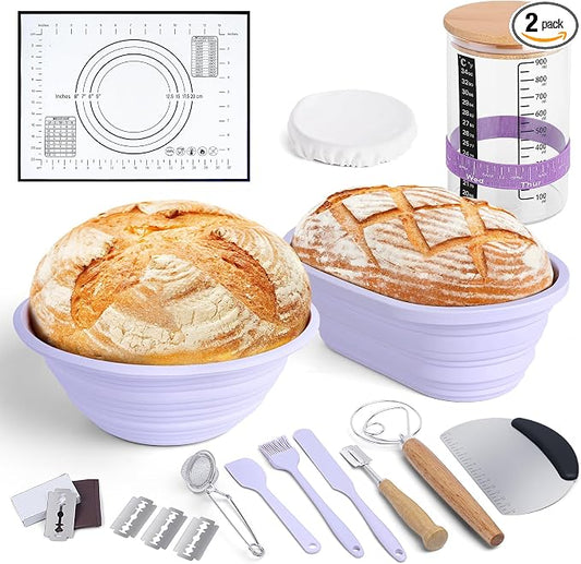 Sourdough Starter Kit,9" Round & 10" Oval Silicone Banneton Bread Proofing Basket Set with Reinforced Support,Sourdough Bread Baking Supplies Kit,34oz Sourdough Starter Jar,Baking Mat(Purple)