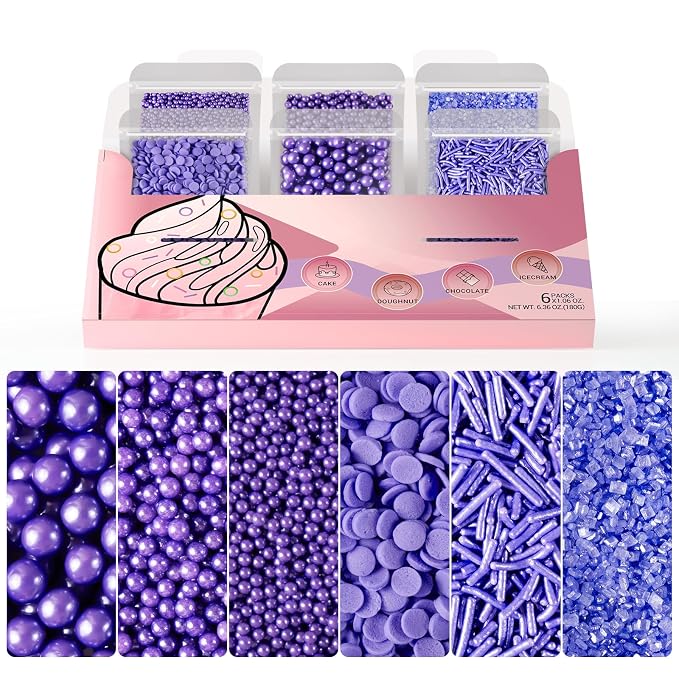 HUEBEATY® 6-in-1 Purple Edible Pearls Sprinkles, Sanding Sugar for Cake Decorating, Cupcakes, Cookies & Ice Cream - 180g, Edible Mardi Gras, Halloween & Mermaid Purple Cake Sprinkles and Decorations