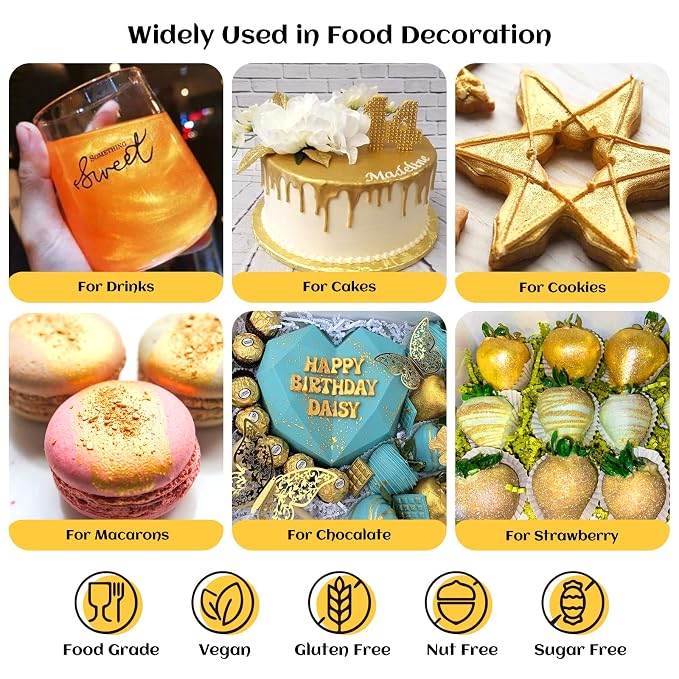 INOCERIS Edible Luster Dust, 5 Grams Food Grade Gold Cake Dust Shimmer Metallic Gold Food Coloring Powder for Cake Decorating, Baking, Fondant, Chocolate, Candy, Drinks, Cookies