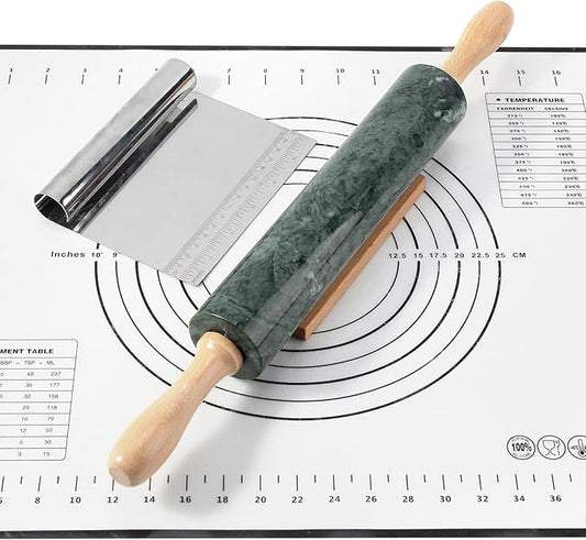 Koville Indian Natural Marble Rolling Pin, Non-Stick Polished Dough Roller, Pasta, Dumpling, Fondant, Pie Crust, Bread, Pizza Dough, Kitchen Baking Pastry Tools with Mat/Scraper(Indian Green)