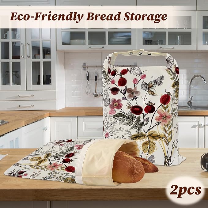 Bread Bags for Homemade Bread- Vintage Flower Butterfly 2 Pack Linen and Beeswax Sourdough Storage Bags, Reusable Keeper, Keeps Breads Fresh Longer, Gifts for Bakers