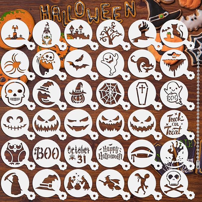 JULBEAR 36Pcs Halloween Cookie Stencils Reusable Cake Baking Mold Tools | Reusable Templates Material, Holiday Painting Dessert Craft Coffee, DIY Cookies Decoration, 36 Pieces Cake Mold