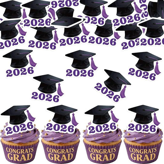 42pcs Edible Graduation Cap Cupcake Toppers Wafer Paper Purple Class of 2026 Cake Decorations Edible Grad Cap Cupcake Picks for 2026 Graduation Theme Party Cake Decor Supplies
