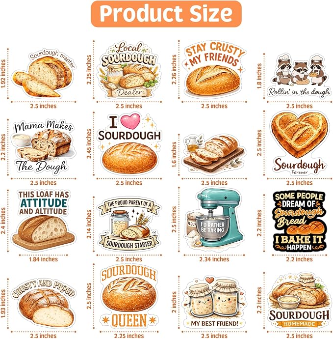 100pcs Sourdough Stickers Pack, Funny Bread Sticker, Bakery Stickers, Baking Stickers for Jar Water Bottle Laptop Scrapbooking Phone Decoration, Lover Baking Gifts
