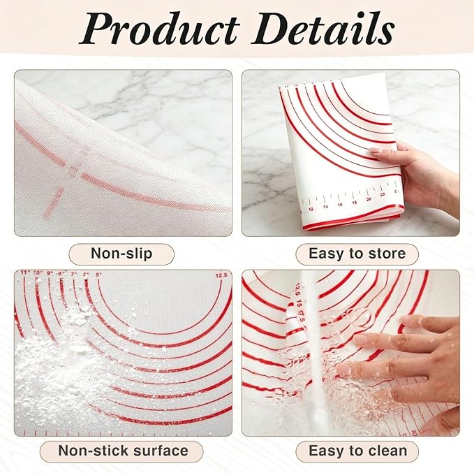 3-Piece Set French Wooden Rolling Pin and Silicone Baking Mat Set for Baking,Dough Roller for Cookie,Fondant,Pizza Pie Crust, Pastry,16 Inches (Beechwood +Red mat)