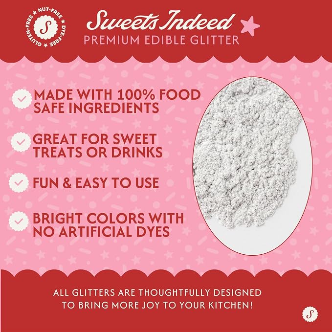 Sweets Indeed Edible Glitter – Food-Grade Drink & Baking Shimmer for Cocktails, Beverages, Cakes & Desserts – 4g Jar (Dye Free Silver)