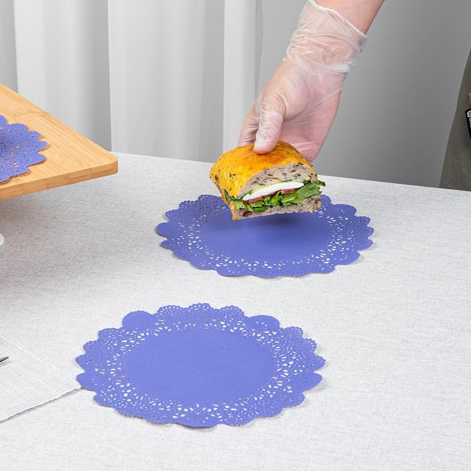 Restaurantware-Pastry Tek 8 x 8 Inch Paper Lace Doilies, 100 Round Disposable Table Doilies - Elegant Lace Finish, Long Lasting, Purple Paper Lace Doilies, for Pastries, Cupcakes, Desserts
