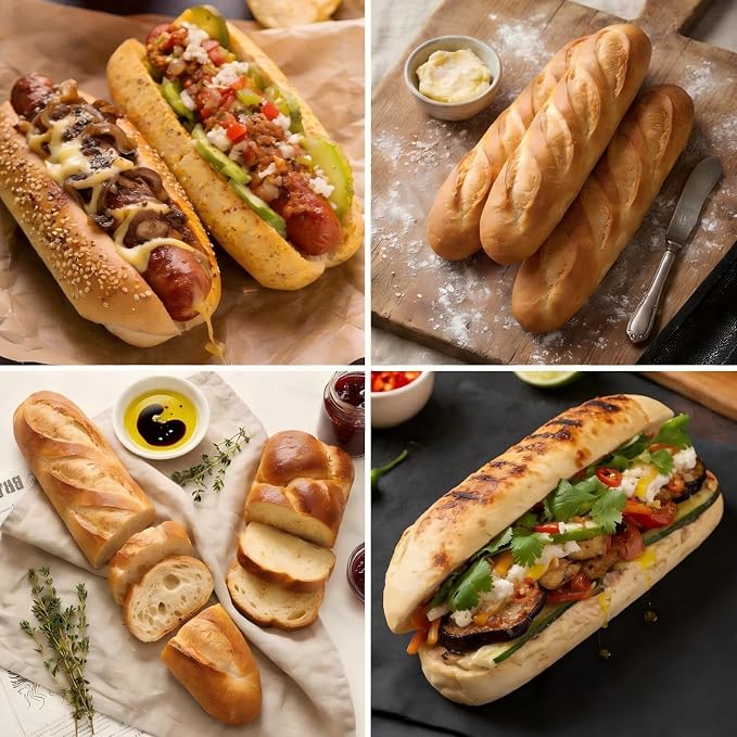 Dioycli Silicone Bread Loaf Pan for Baking Large Baguette Bread Pan Perforated Hot Dog Bun Pan 4 Loaf Non Stick Baking Liner Mat
