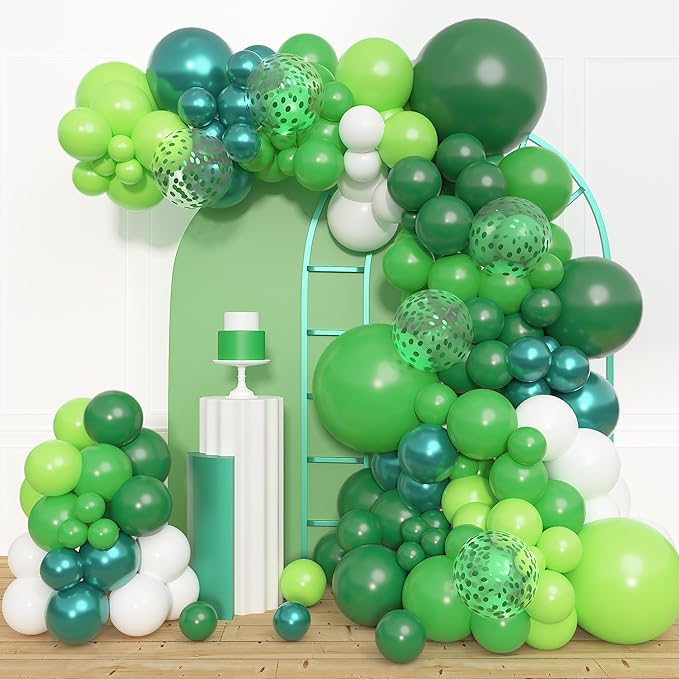 Amandir 153pcs Green Balloon Garland Arch Kit, Different Sizes 18 12 10 5 inch Dark Lime Green Latex Metallic Confetti St Patrick's Day Balloons for Safari Jungle Shower Birthday Party Decorations