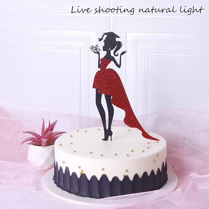1 Pack 2026 Graduation Cake Topper Graduation Girl Cake Pick with Glitter Diploma Graduation Cap Congrats 2026 Cake Decorations for 2026 Graduation Theme High School Girls Graduate Party Red