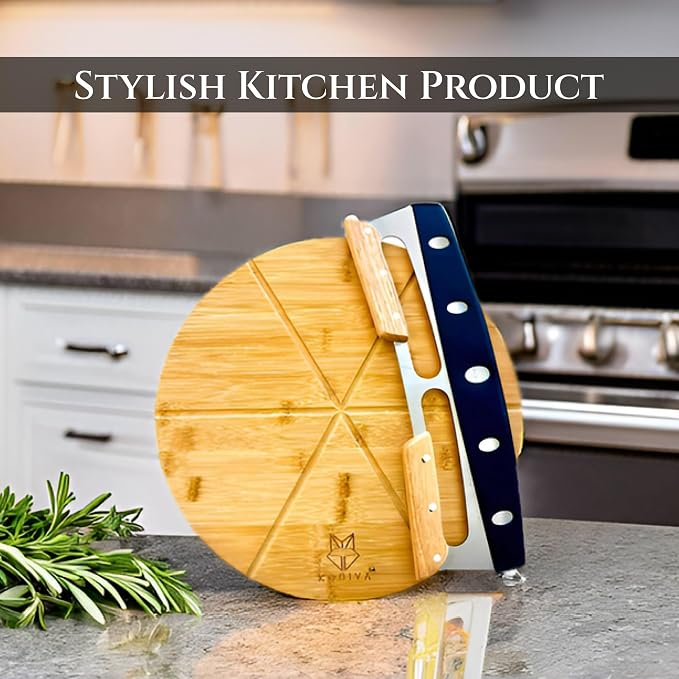 14” Dual-Grip Pizza Cutter Pizza Board | Gift Pizza Set, Best Pizza Cutter Rocker Blade, Bamboo Pizza Cutting Board, Pizza Slicer, Pizza Serving Board, Pizza Rocker Knife For Cutting Pizza Piza