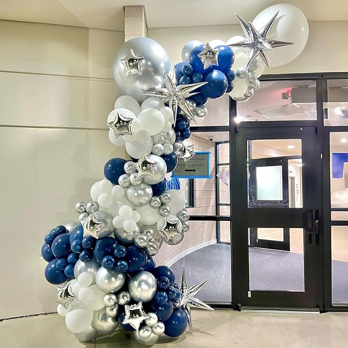 Blue Silver Balloon Garland Arch Kit, Navy Blue White Balloon Arch Kit, Metallic Silver Confetti Balloons Star Foil Balloons for Graduation Birthday Wedding Baby Shower Eid Ramadan Party Decorations