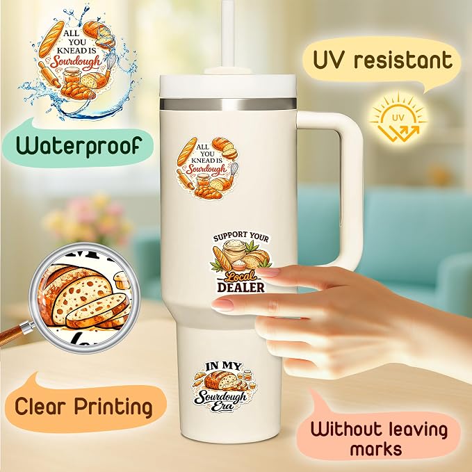 (4 Pcs) Funny Sourdough Baking Stickers Sourdough Humor Waterproof Vinyl Decal for Laptop, Water Bottle, Phone, Tumbler, Car Bumper