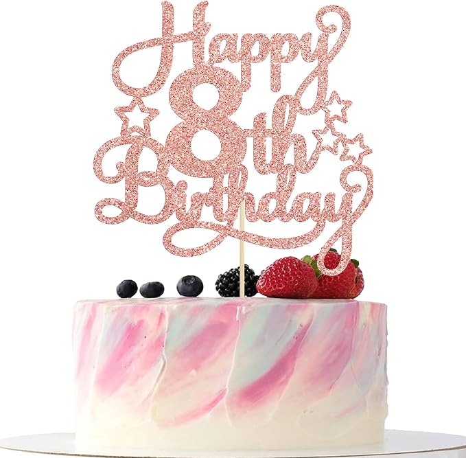 1 Pack Happy 8th Birthday Cake Topper Rose Gold Glitter 8th Birthday Cheers to 8 Years Old Birthday Cake Pick for Celebrating Anniversary Party Cake Decorations Supplies