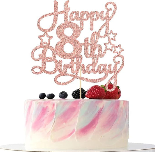 1 Pack Happy 8th Birthday Cake Topper Rose Gold Glitter 8th Birthday Cheers to 8 Years Old Birthday Cake Pick for Celebrating Anniversary Party Cake Decorations Supplies
