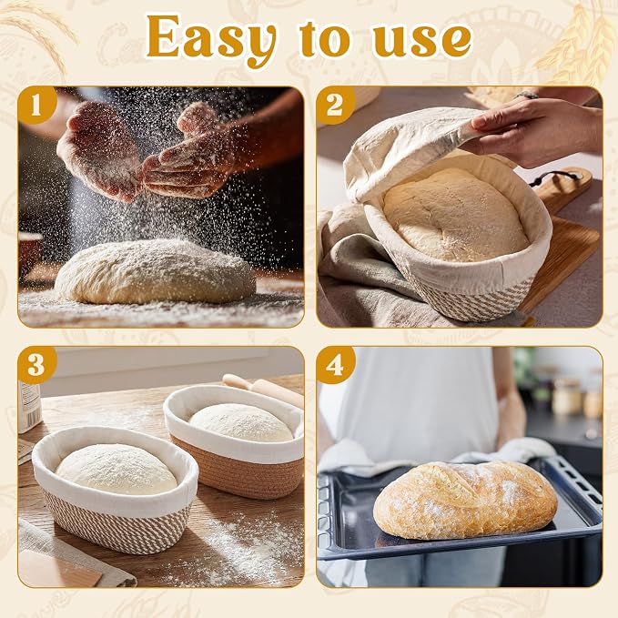 4 Pcs 10 Inch Cotton Rope Banneton Bread Proofing Basket Set Oval Banneton Basket Sourdough Bread with Liners Covers for Baking Supplies (Earth Tones)