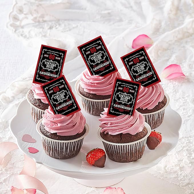 40Pcs Edible Rectangle Aged to 60 Years Card Cupcake Toppers Edible Black Red 60 Vintage Dude Awesomeness Cupcake Picks Drink Toppers for 60th Vintage Birthday Anniversary Party Decorations