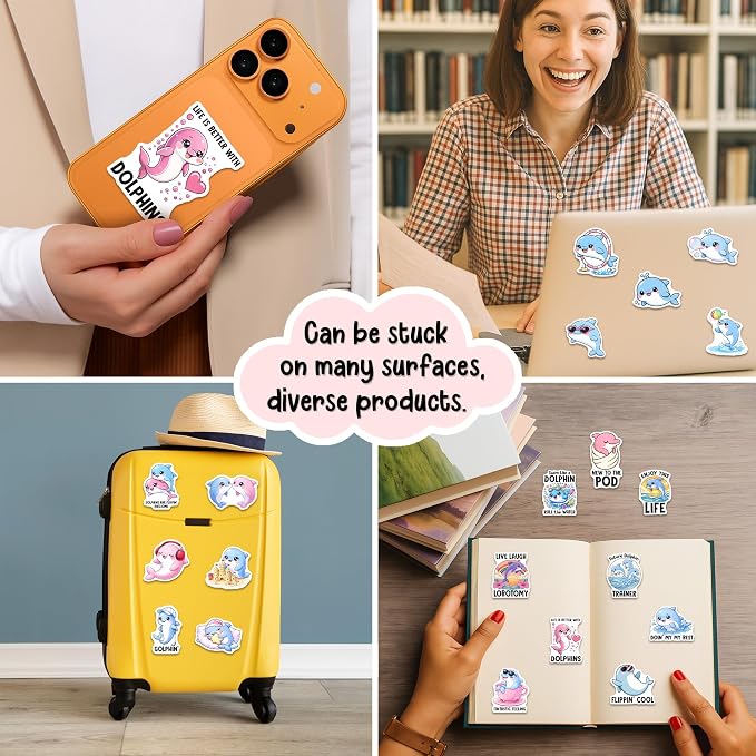 Dolphin Stickers 50PCS – Waterproof Vinyl Animals Sea Decals for Water Bottles, Laptops, Journaling – Non-Repeating Decals, High-Definition Print Gift