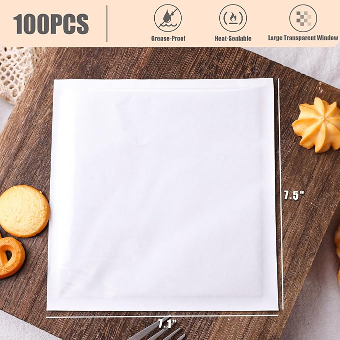 JOHOUSE Heat Seal Bags with Window, Heat Seal Cookie Bags, 100PCS | 7.1"x7.5" greaseproof kraft paper bakery bags for donuts, cookies, bread, sandwich packaging