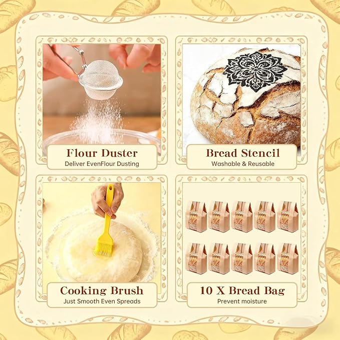 Beginner Sourdough Starter Kit - 9" Round & 10" Oval Banneton Proofing Baskets with Glass Starter Jar, Bread Sling, Dough Scrapers, Cooling Rack - Complete Homemade Baking Gift Set