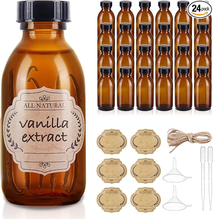 24 Pack 4 OZ Glass Bottles with Lids, Amber Glass Bottles for Homemade Vanilla Extract, Essential Oils, Juice, Potion, Syrup, Liquids, Christmas Gift