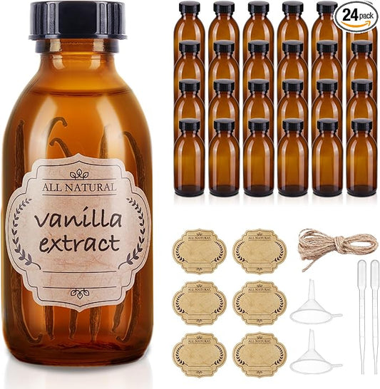 24 Pack 4 OZ Glass Bottles with Lids, Amber Glass Bottles for Homemade Vanilla Extract, Essential Oils, Juice, Potion, Syrup, Liquids, Christmas Gift