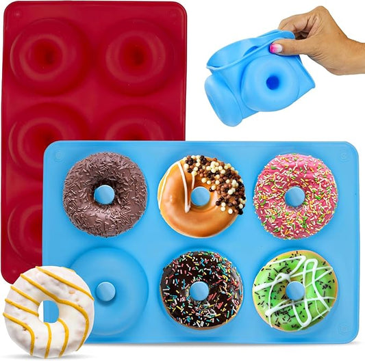 HOTPOP Silicone Donut Molds for Baking – Set of 2 Nonstick Pans (Red, Blue), Makes 12 Donuts – Flexible, Reusable, Dishwasher Safe Molds for Oven – Perfect Donut Mold for Baking Sheets