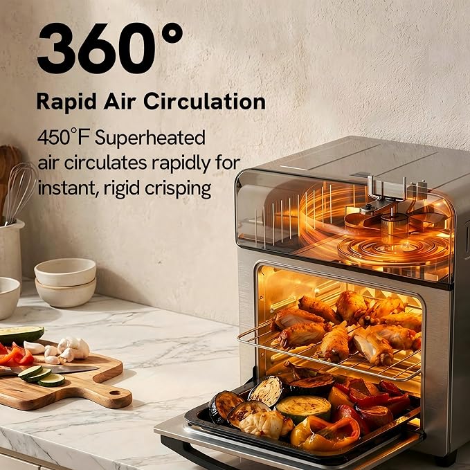 VAL CUCINA 6-in-1 Air Fryer Toaster Oven Combo, Compact 12.7 QT Small Countertop Convection Oven, Fits 9" Pizza & 4 Toast, Hexagon Hybrid Heating, Enamel Baking Pan Included, Stainless Steel Finish
