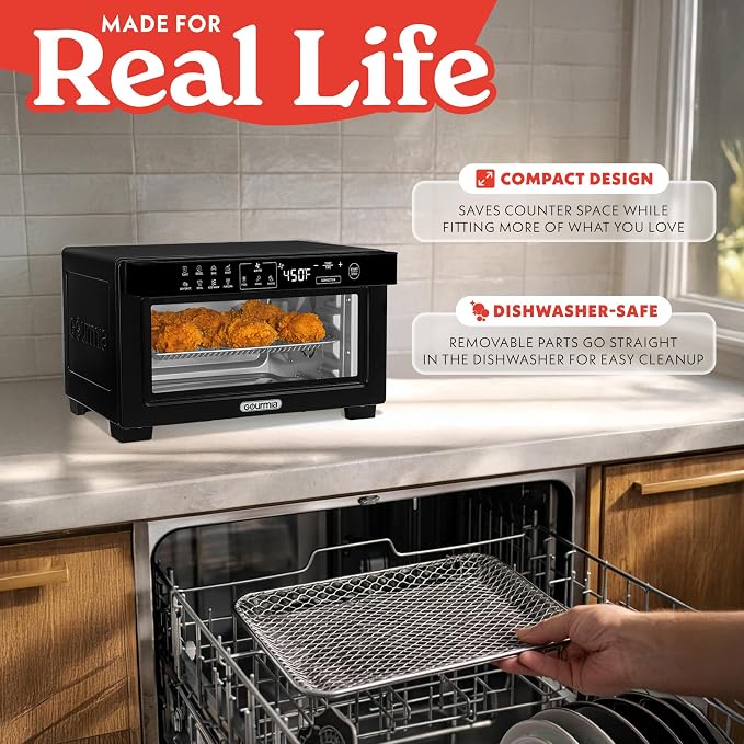 Gourmia Toaster Oven Digital Air Fryer - Convection Mode with 4 Slice Capacity, 3 Rack Positions, 12 Presets, Toast, Bagel, Bake, Roast, Broil, Dehydrate, Popcorn, Fits 9" Pizza, Black