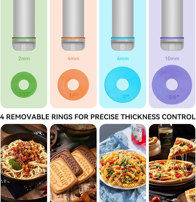 Adjustable Rolling Pin with Thickness Rings, Silicone Dough Roller | 4 thickness rings, Non-stick silicone surface, Stainless steel core, 12.8" rolling pin, For pizza pastry cookie baking