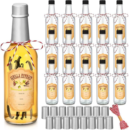 Tioncy 16 Pcs Empty Vanilla Extract Bottles for Homemade Vanilla Jar Glass Bottle with Cap, Shrink Band, Sticker DIY Crafts Wedding Gift Food Storage Canister for Bean(Silver,8.5 oz)